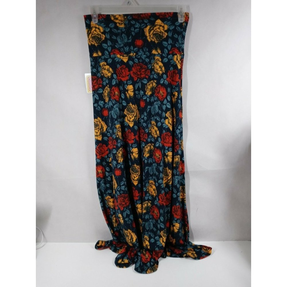 NWT Lularoe Maxi Skirt Black With Red & Yellow Roses Designs Size Small
